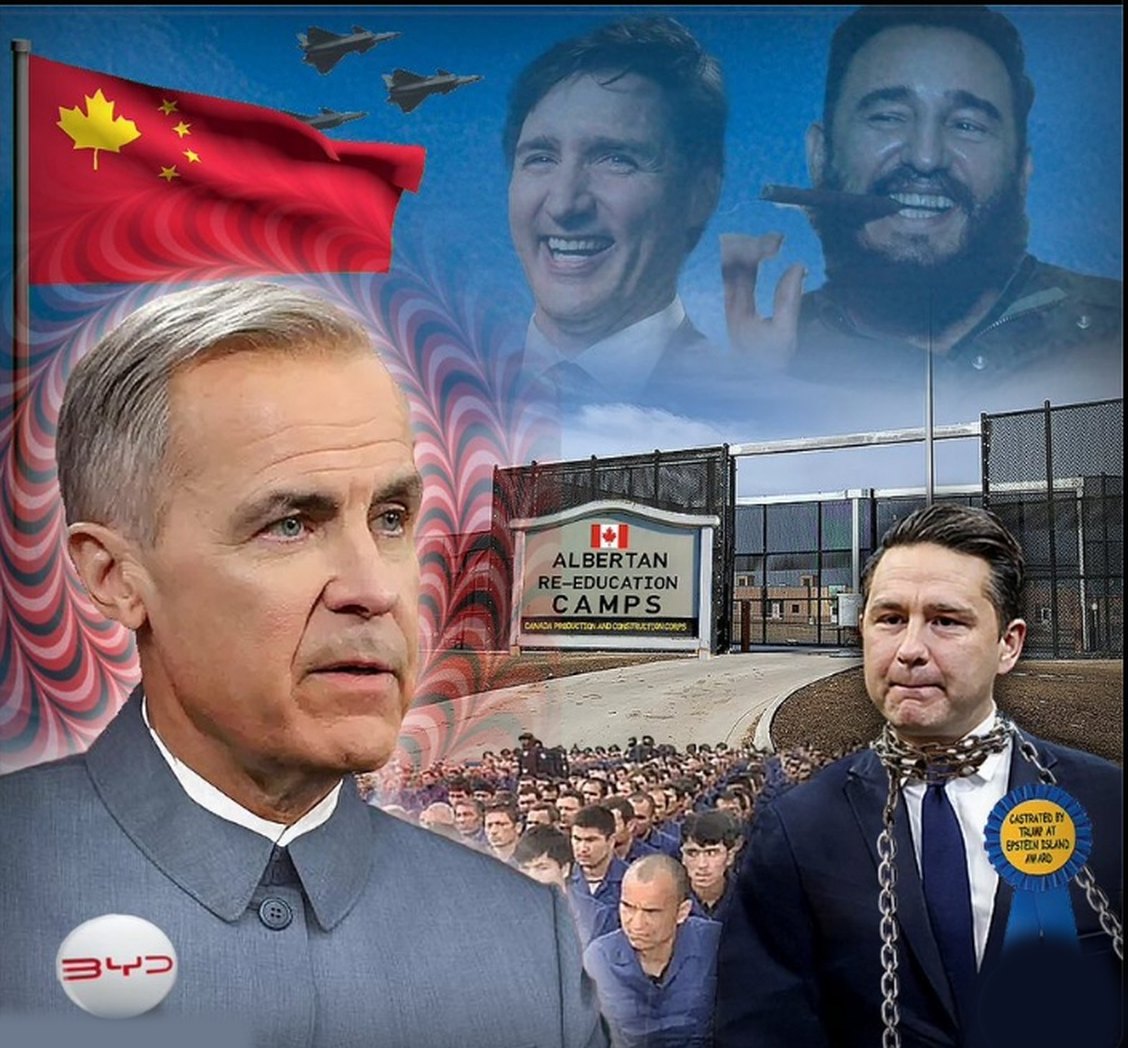 Un collage politique : un drapeau hybride Canada-Chine avec des chasseurs, Justin Trudeau aux côtés de Fidel Castro, une clôture de prison portant la mention Camps de rééducation albertains par-dessus des images de détention, Mark Carney en col Mao avec un écusson BYD, et Pierre Poilievre enchaîné, arborant un faux ruban de récompense.