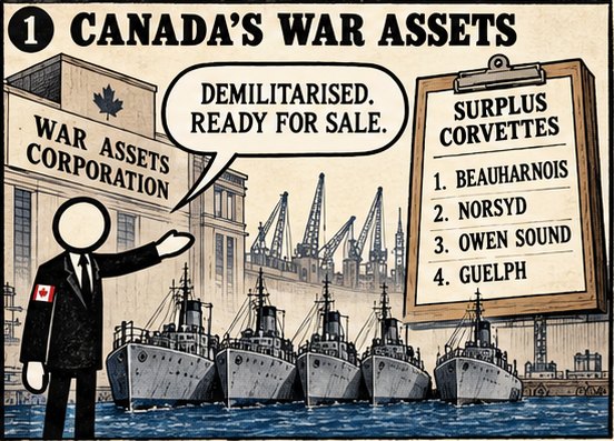 La Corporation des biens de guerre du Canada propose quatre corvettes démilitarisées : Beauharnois, Norsyd, Owen Sound, Guelph