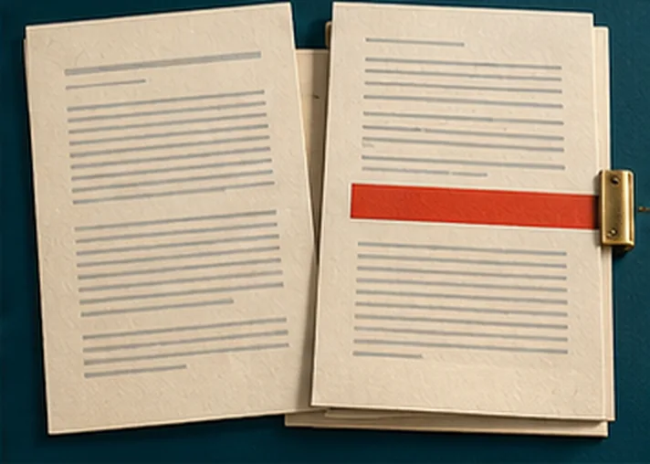 Deux pages dactylographiées côte à côte, la seconde barrée d’un trait rouge et retenue par une pince de laiton.