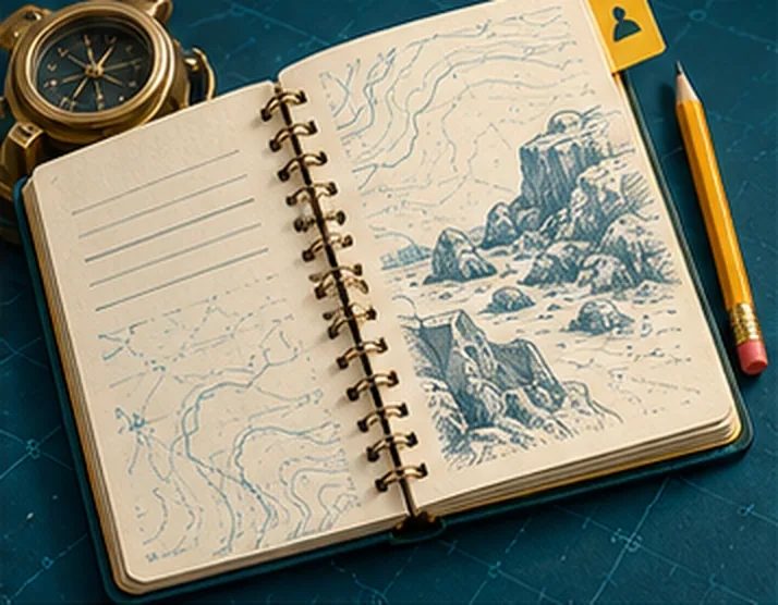 Un carnet à spirale ouvert, des notes lignées d’un côté et un croquis à l’encre d’une côte rocheuse de l’autre, près d’une boussole de laiton et d’un crayon.