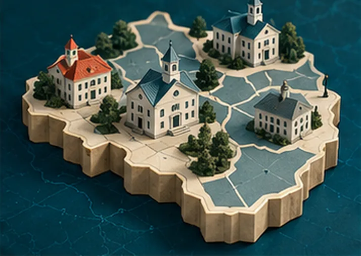 Une maquette de pierre d’une grande île découpée en arrondissements bleus, avec des hôtels de ville à l’intérieur de ses limites.