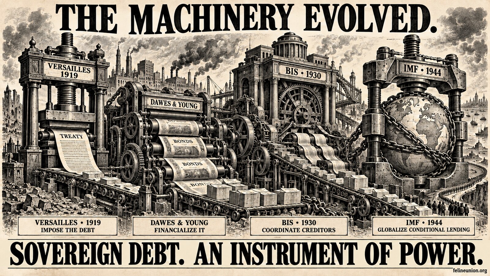 An engraved broadsheet: four machines on one conveyor, stamped Versailles 1919, Dawes & Young, BIS 1930 and IMF 1944.