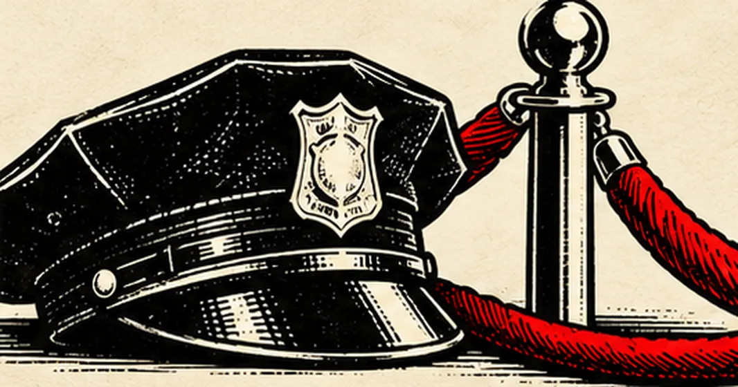 A police officer's peaked cap with a badge, set down beside a brass stanchion and a red velvet rope.
