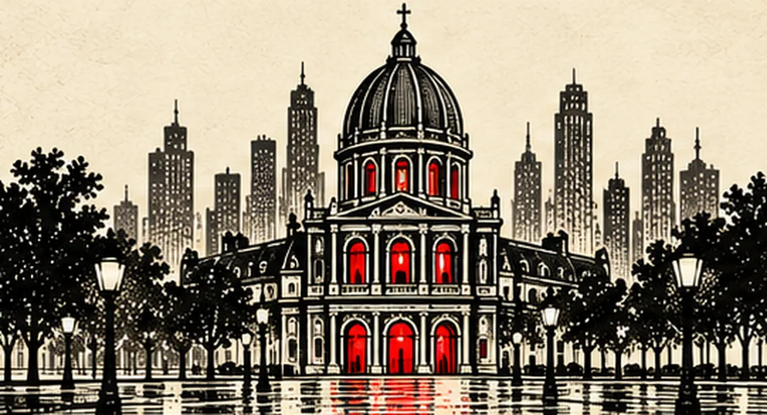 A domed civic building with red-lit windows among trees and lamp posts, a skyline of towers behind it, reflected on a wet square.