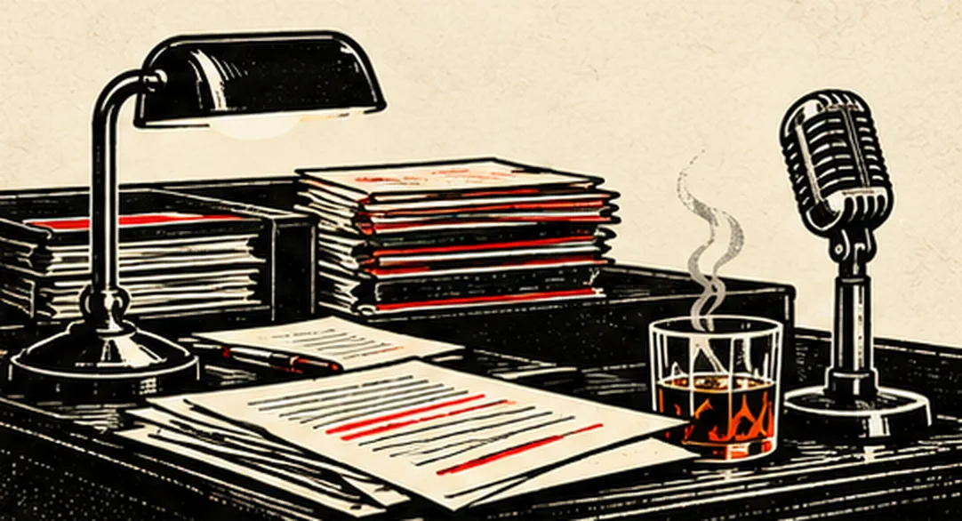 A desk with a banker's lamp, stacked files marked in red, loose typed pages, a glass of whisky with smoke rising, and a broadcast microphone.