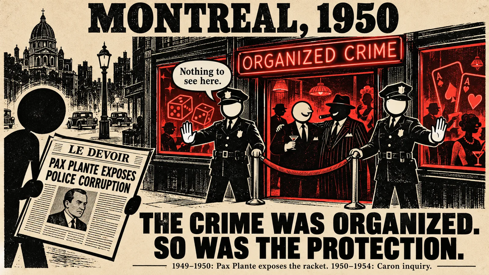 Poster in black, cream and red titled Montreal, 1950: a figure holds up a newspaper whose drawn headline reads Pax Plante exposes police corruption, while two faceless policemen guard a club under a neon sign reading Organized crime and one says Nothing to see here. Caption: The crime was organized. So was the protection.