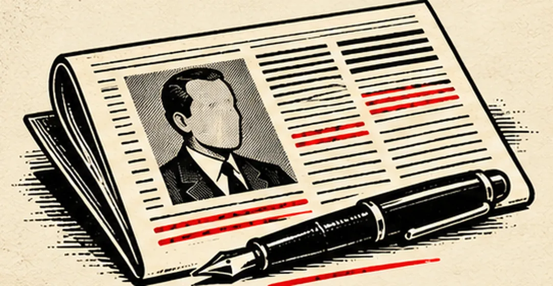 A folded newspaper with a portrait of a man in a suit, red underlining on several lines, and a fountain pen across it.