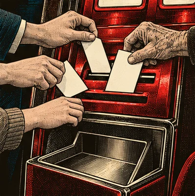 Des mains de tous âges glissent des bulletins de vote dans la fente à pièces d’une machine à sous rouge ; le bac à gains, en dessous, est vide.
