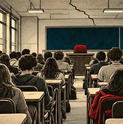 Une salle de classe bondée vue du fond : des pupitres serrés, une chaise rouge vide au bureau du professeur, une longue fissure au plafond.