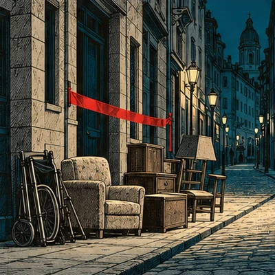 Une rue européenne étroite à l’aube : un fauteuil, un meuble, une lampe et un fauteuil roulant plié sur le trottoir, un ruban rouge en travers d’une porte, personne.