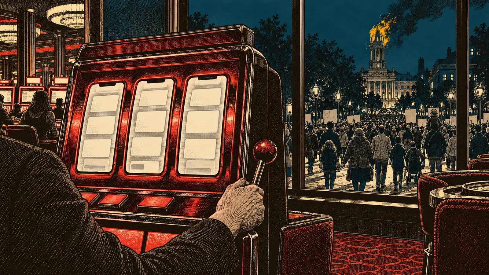 Dessin à la plume&nbsp;: la main d’un joueur sans visage tire le levier d’une machine à sous rouge dont les trois rouleaux sont des écrans de téléphone affichant des cartes vides. Par la haute fenêtre du casino, une foule de tous âges marche au crépuscule vers un hôtel de ville en pierre dont le campanile est en feu.