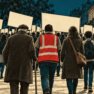 Une marche vue de dos : un vieil homme avec une canne, un travailleur en gilet haute visibilité rouge, une femme avec une sacoche et un élève, sous des pancartes vides.