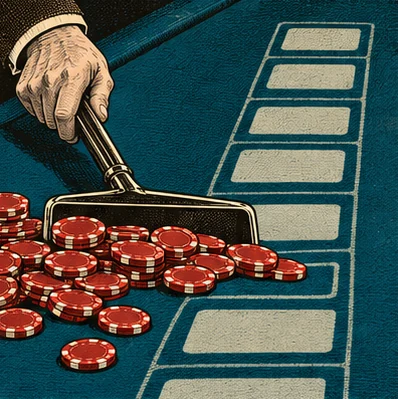 La main d’un croupier sans visage tire au râteau des jetons rouges sur un tapis bleu dont la trame est une colonne de cartes vides, comme un fil vu d’en haut.