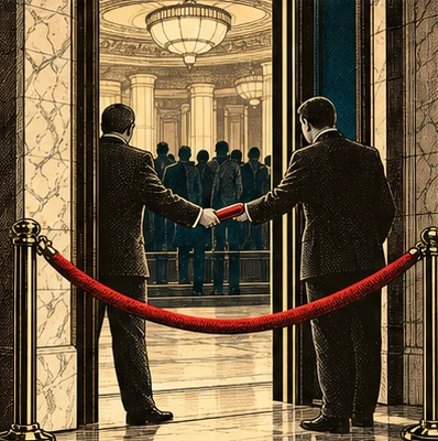 Derrière un cordon de velours, dans une entrée de marbre, deux hommes sans visage en costume sombre se passent un témoin rouge de main en main, devant une foule.