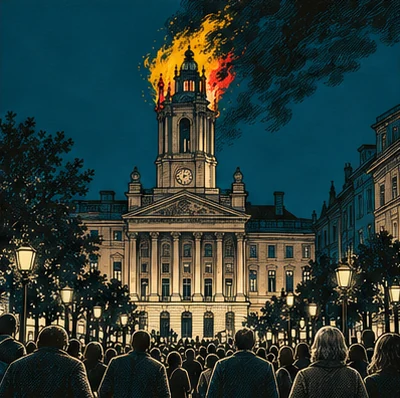 Un hôtel de ville en pierre, la nuit, dont le campanile est en feu, des silhouettes de foule sur la place.