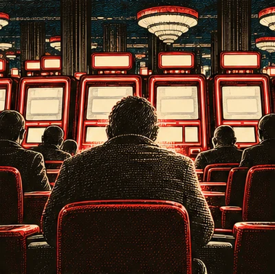 Un joueur seul, vu de dos dans un fauteuil rouge, face à une longue rangée de machines lumineuses parmi d’autres joueurs.
